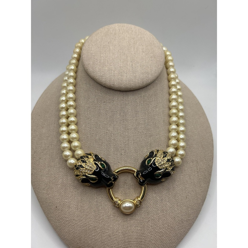 White Faux Pearl Beaded Choker Necklace Panther Heads Gold Tone 15in‎ Statement